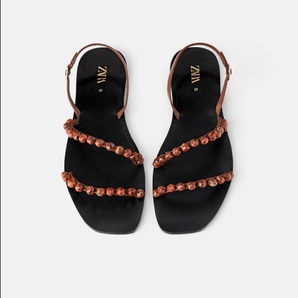 ZARA LEATHER BEADED FLAT SANDALS BRAND NEW WITH TAGS & BOX US 8 EUR 39 BROWN - Picture 2 of 6